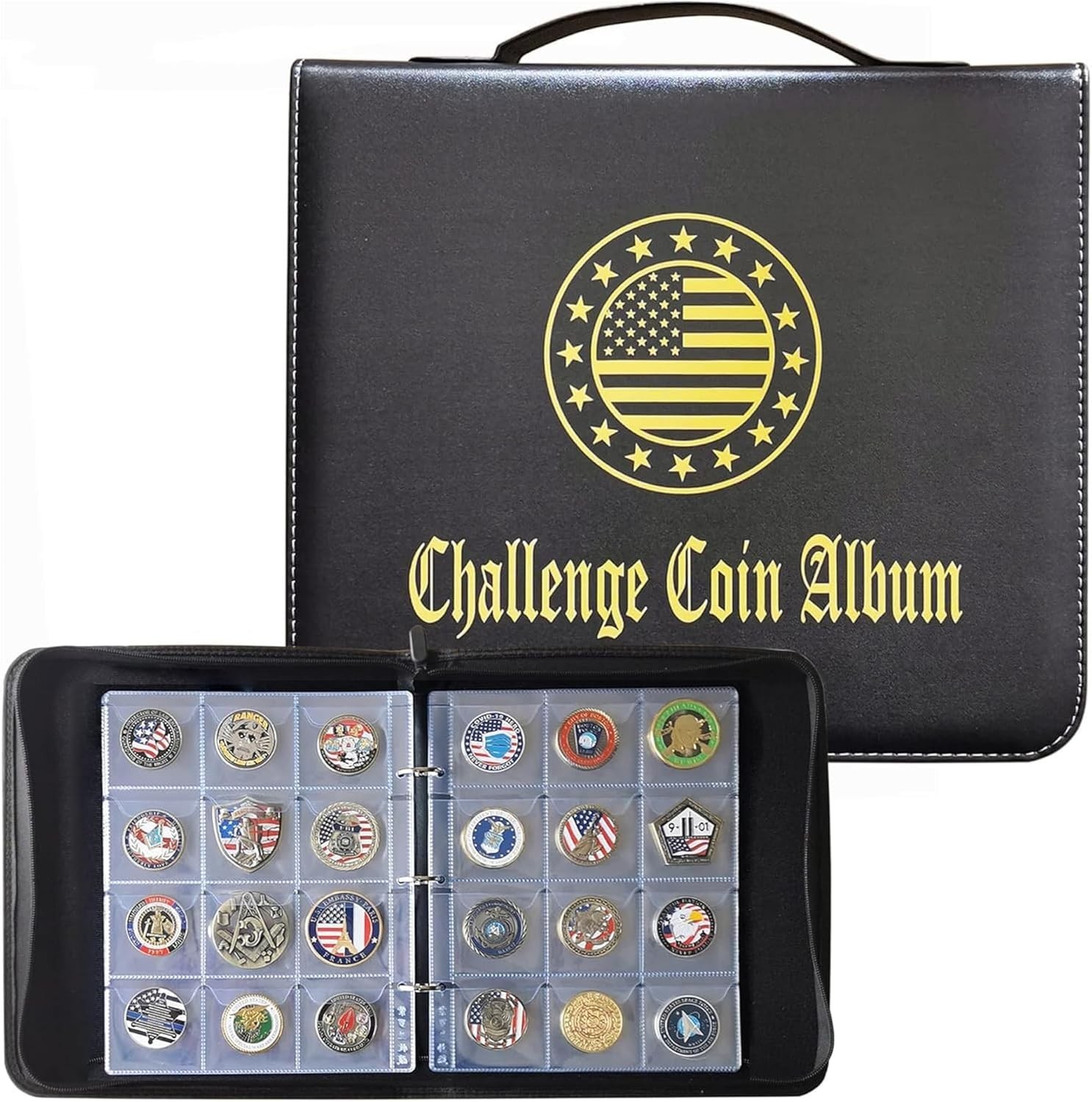 Elegant Black Leather Challenge Coin Display Book: A 120-Pocket Military Coin...