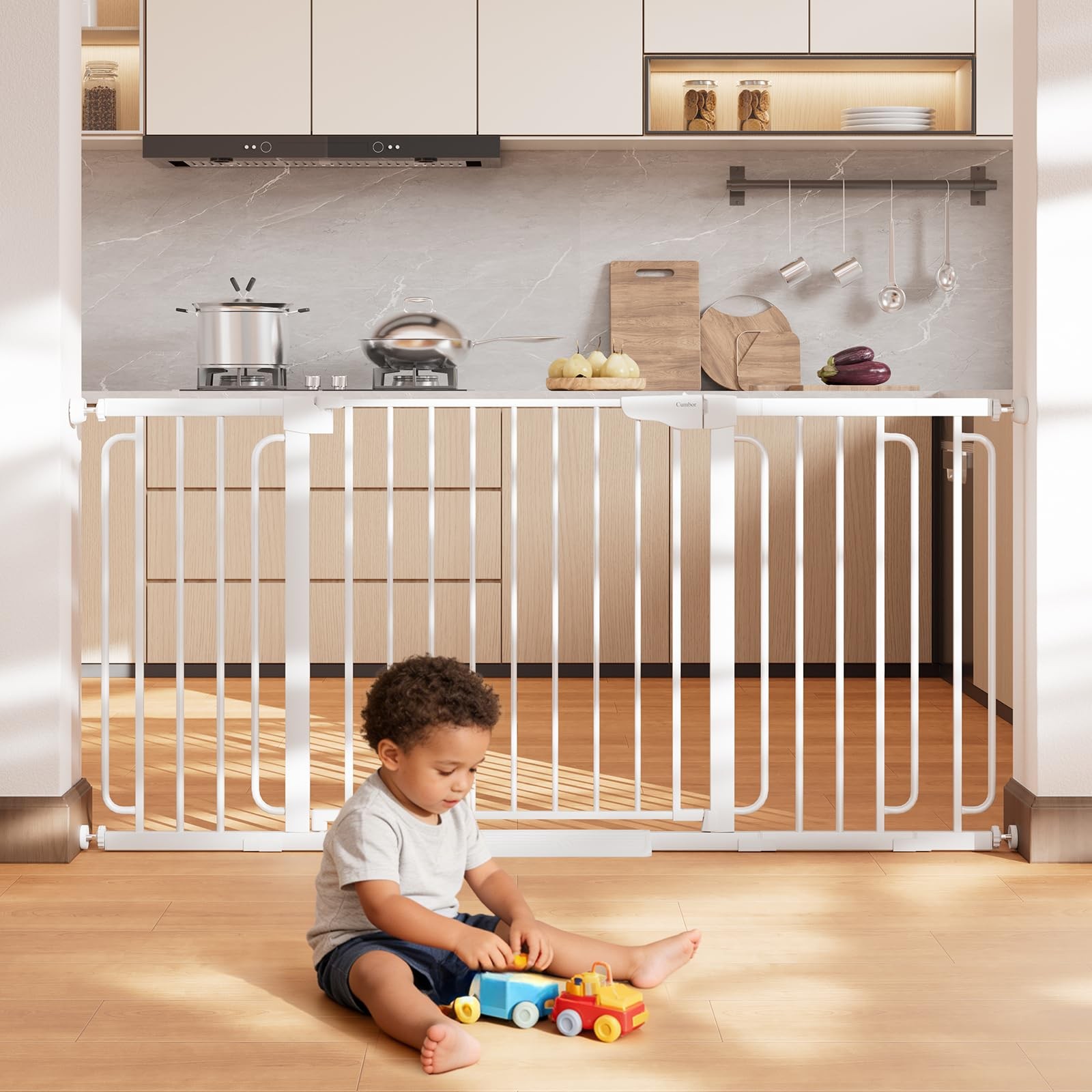 Extra Wide Baby Gate 36.6-64 W x 30.5 H Pressure Mount Pet White Cumbor Stairs