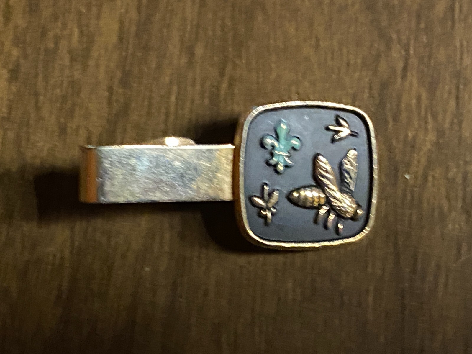 Vintage Boy Scout Bee Firefly gold Tone on Black TIE BAR CLIP CLASP