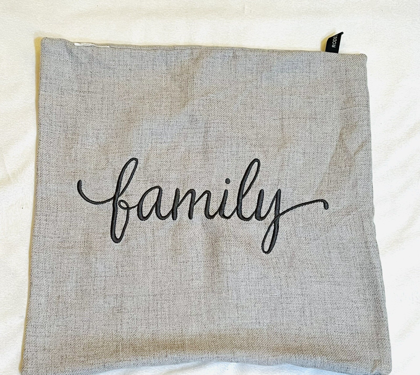 Pillow Cover Gray Family Embroidered Zippered  19x18.5 Pre-own