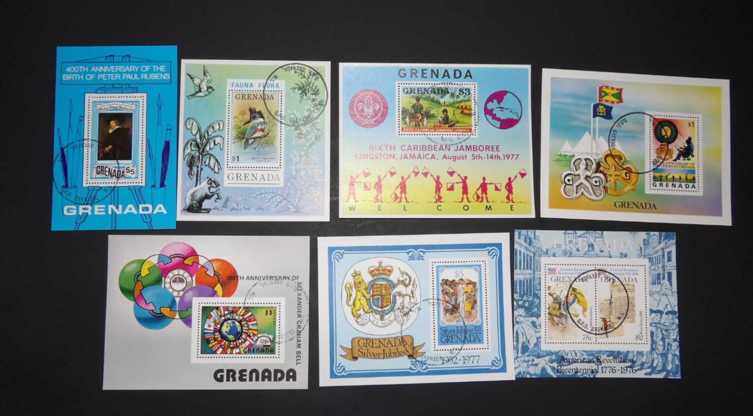 GRENADA LOT OF 7 SOUVNEIR SHEETS USED BIRDS BOY SCOUTS JUBILEE RUBENS