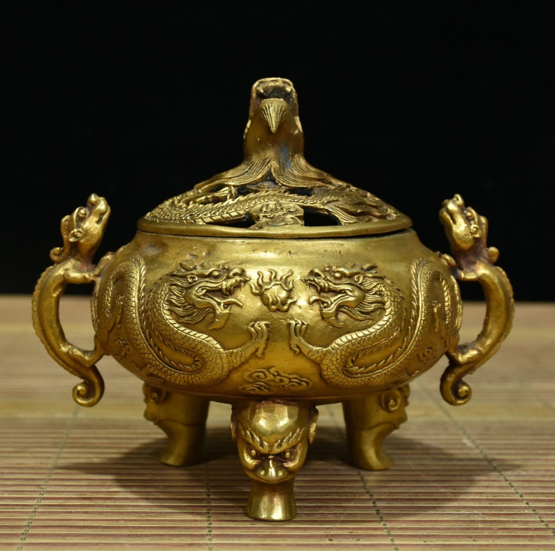 6.29"Old Chinese Gilt Bronze Incense Burner Double Dragon Motif Dragon Lid&Beast