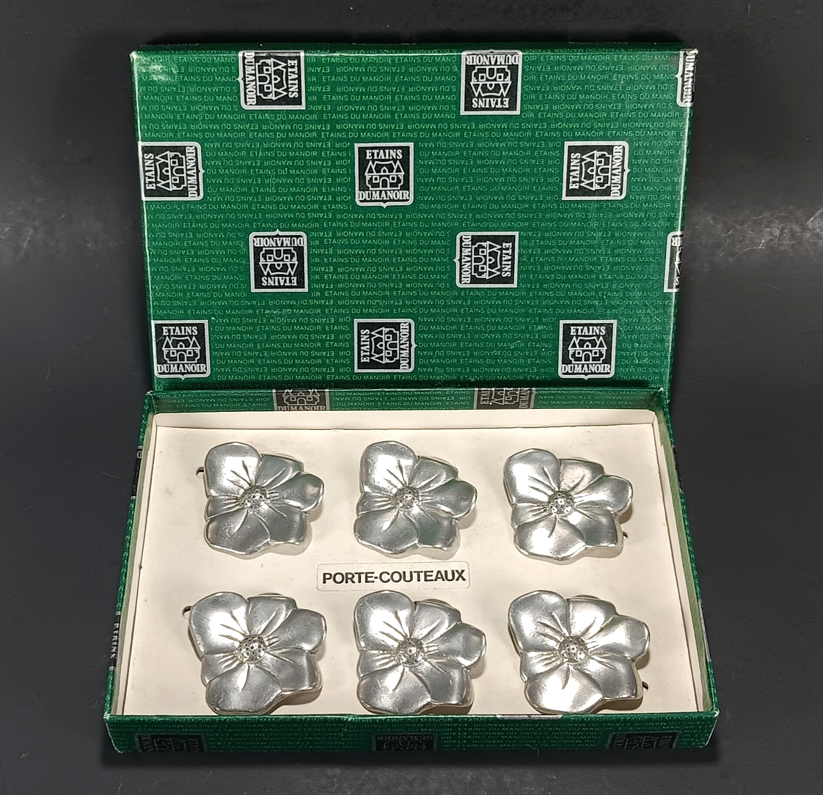 VTG Etains Du Manoir Knife Rests 6 Holders Floral Silver Pewter Paris France