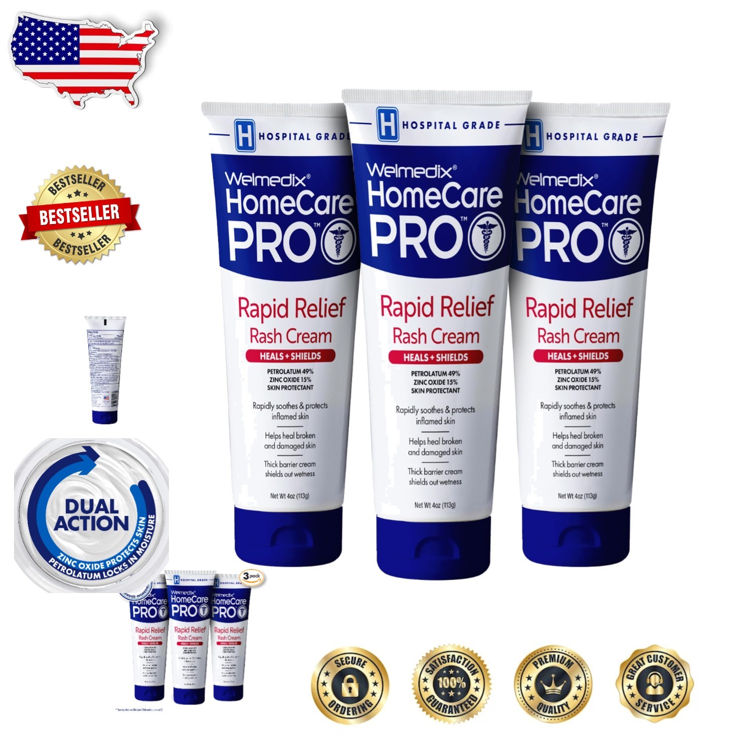 Hospital Grade Diaper Rash Cream 3pk - Zinc Oxide Barrier Paste for Fragile Skin