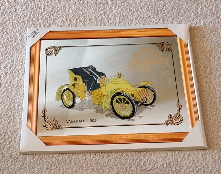 Vtg Yellow Classic Car Mirror Framed Picture Made In Hong Kong 1980s New