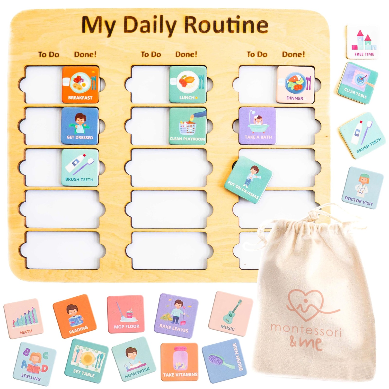 Wooden Toddler Routine Chart Ages 3-6 – Daily & Bedtime Routine Chart for Tod...