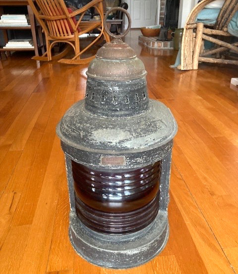 PERKO VINTAGE RED GLASS LARGE LANTERN-MIAMI, FLA.MADE-21" TALL-BLACK METAL-PLATE