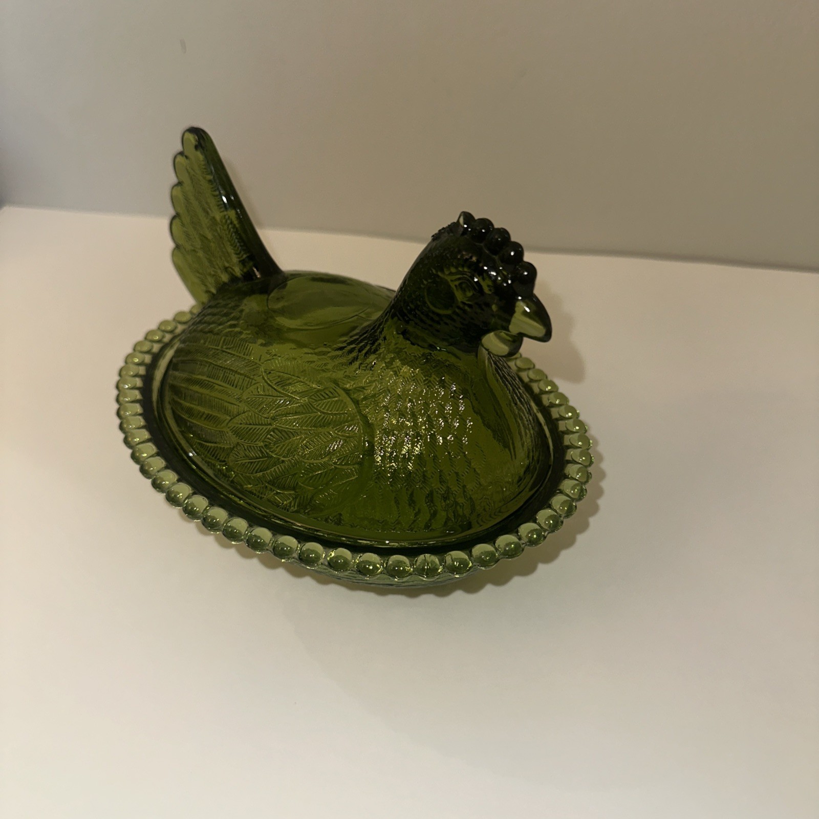 Vintage Olive Green Indiana Glass Hen on Nest Covered Dish 7”