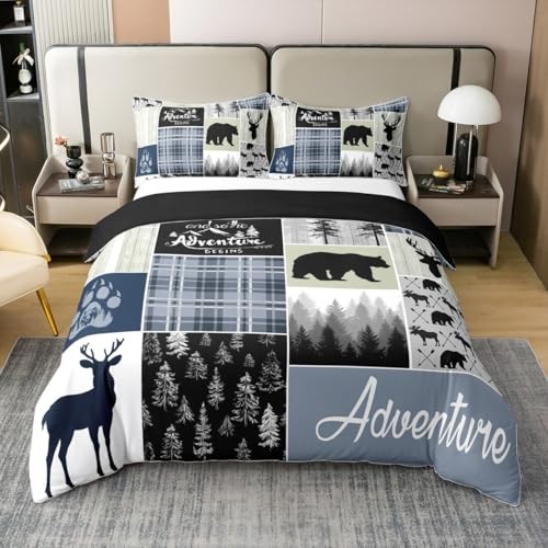  Rustic Deer Bear 100% Cotton Duvet Cover Queen Queen (No Comforter) Blue Black