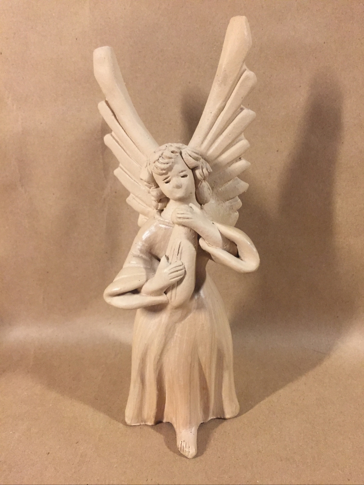 Vintage Guatemala Pottery Folk Art Angel Playing Mandolin Candle Holder 7.5"