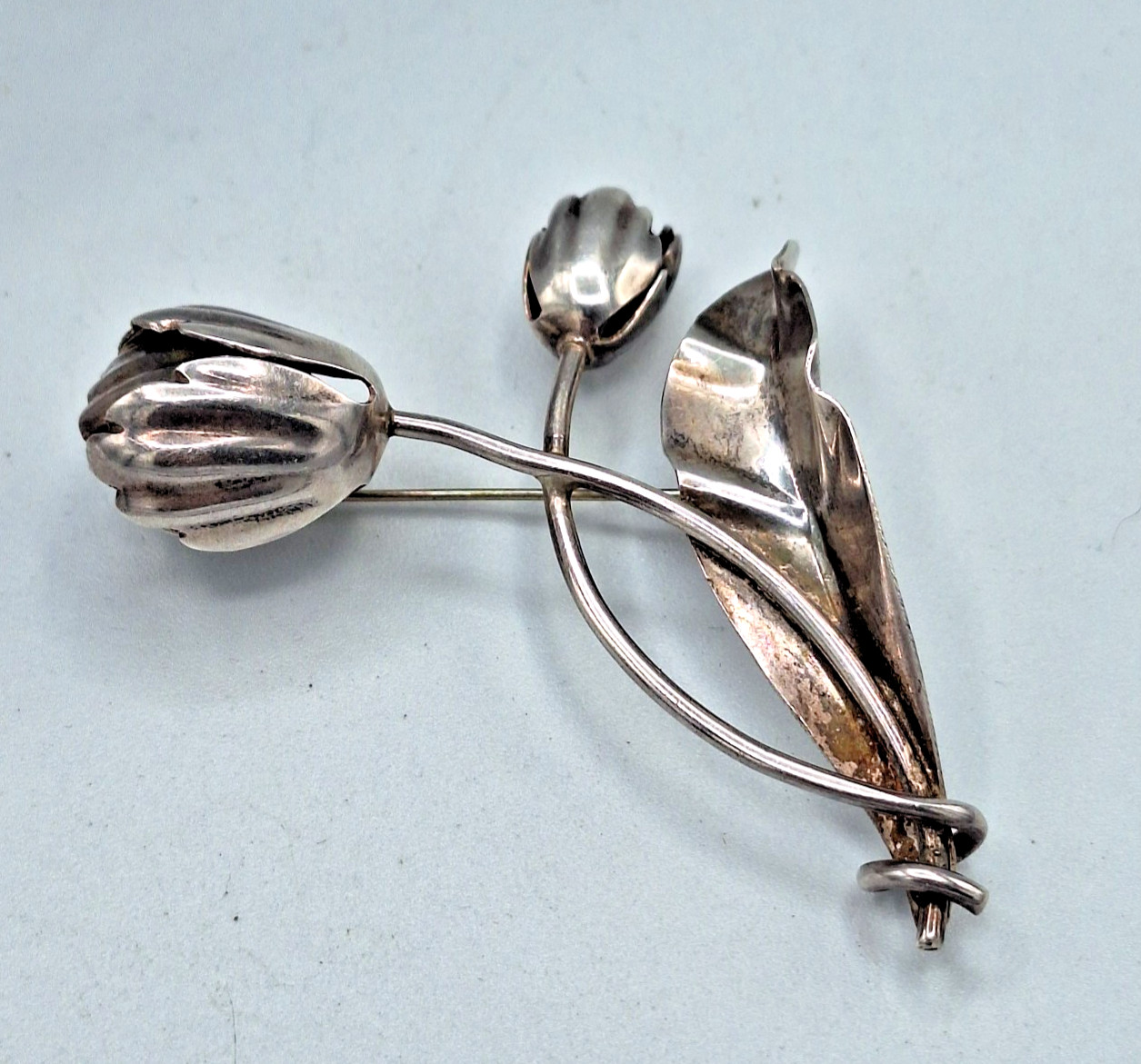 JHE Sterling 925 Taxco Mexico Tulip Flower Pin Brooch 16.28g