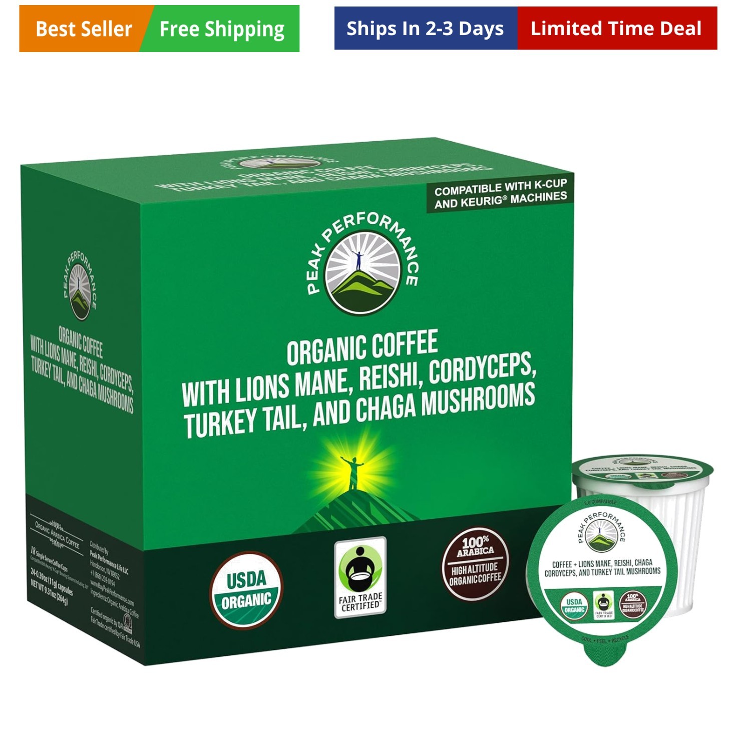 Organic Mushroom Coffee Pods with Lion's Mane, Reishi, Cordyceps, Turkey Tail...