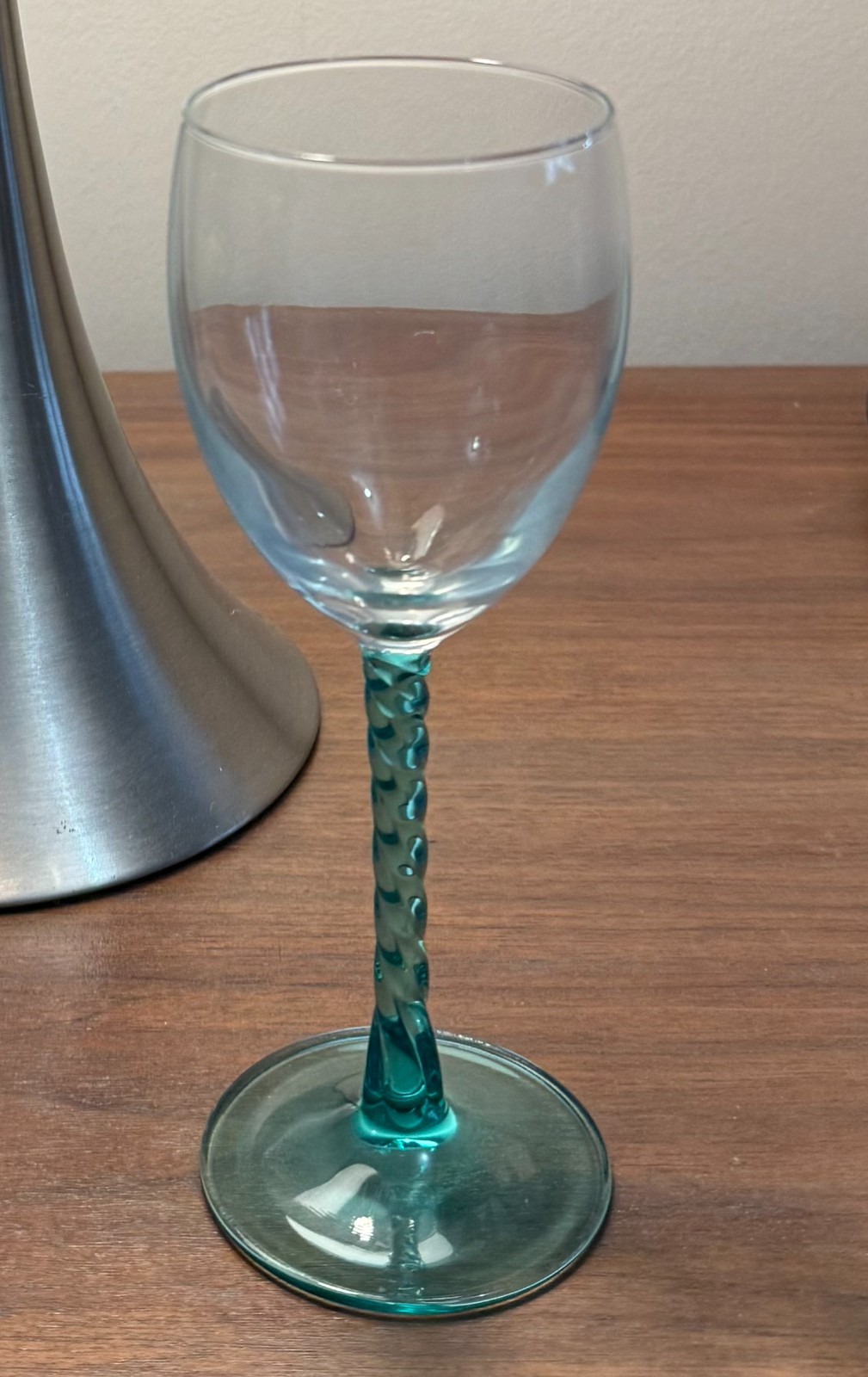 vintage teal green twisted stem two tone wine glass from the 1990's