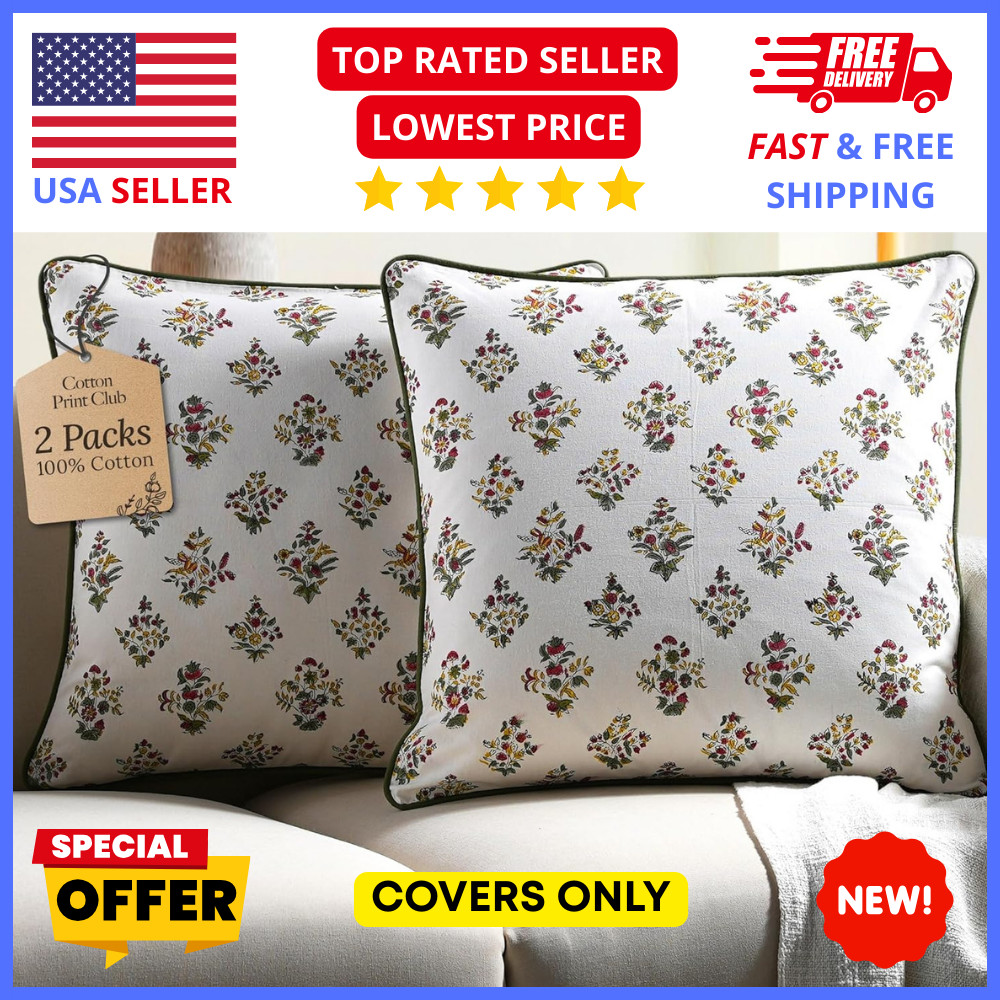 20x20 Decorative Pillow Covers 2-Pack Green Block Print Cotton Throw Cases