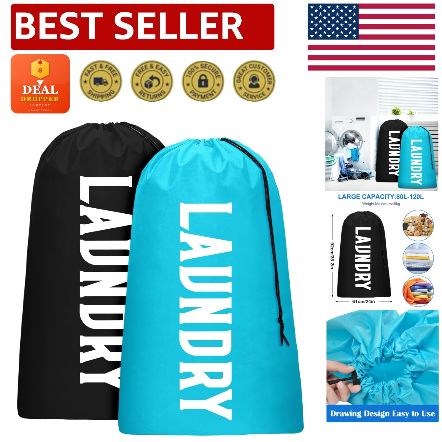 Machine Washable XL Dirty Clothes Bags, 2 Pack with Secure Drawstring Closure