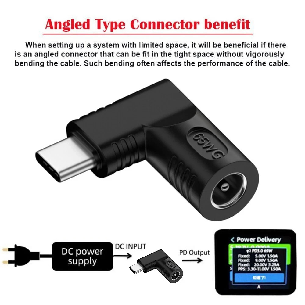 65W PD USB C Type C to DC 5.5x2.1mm Power Adapter Charger Converter 90 Degree