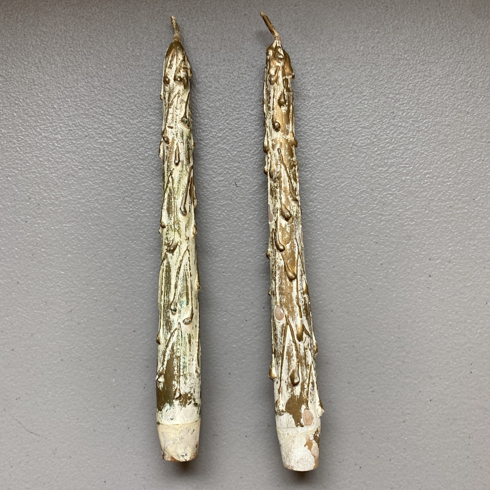 Vtg Wood Candles Faux Melting Dripping Taper Gold White MCM 70’s