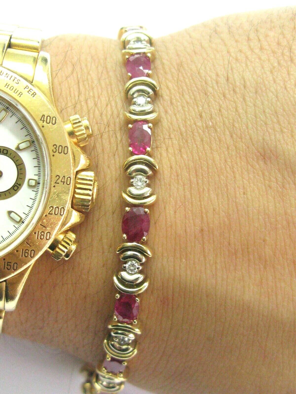 Natural Oval Ruby Diamond Yellow Gold Tennis Bracelet 14KT 7" 7.60Ct