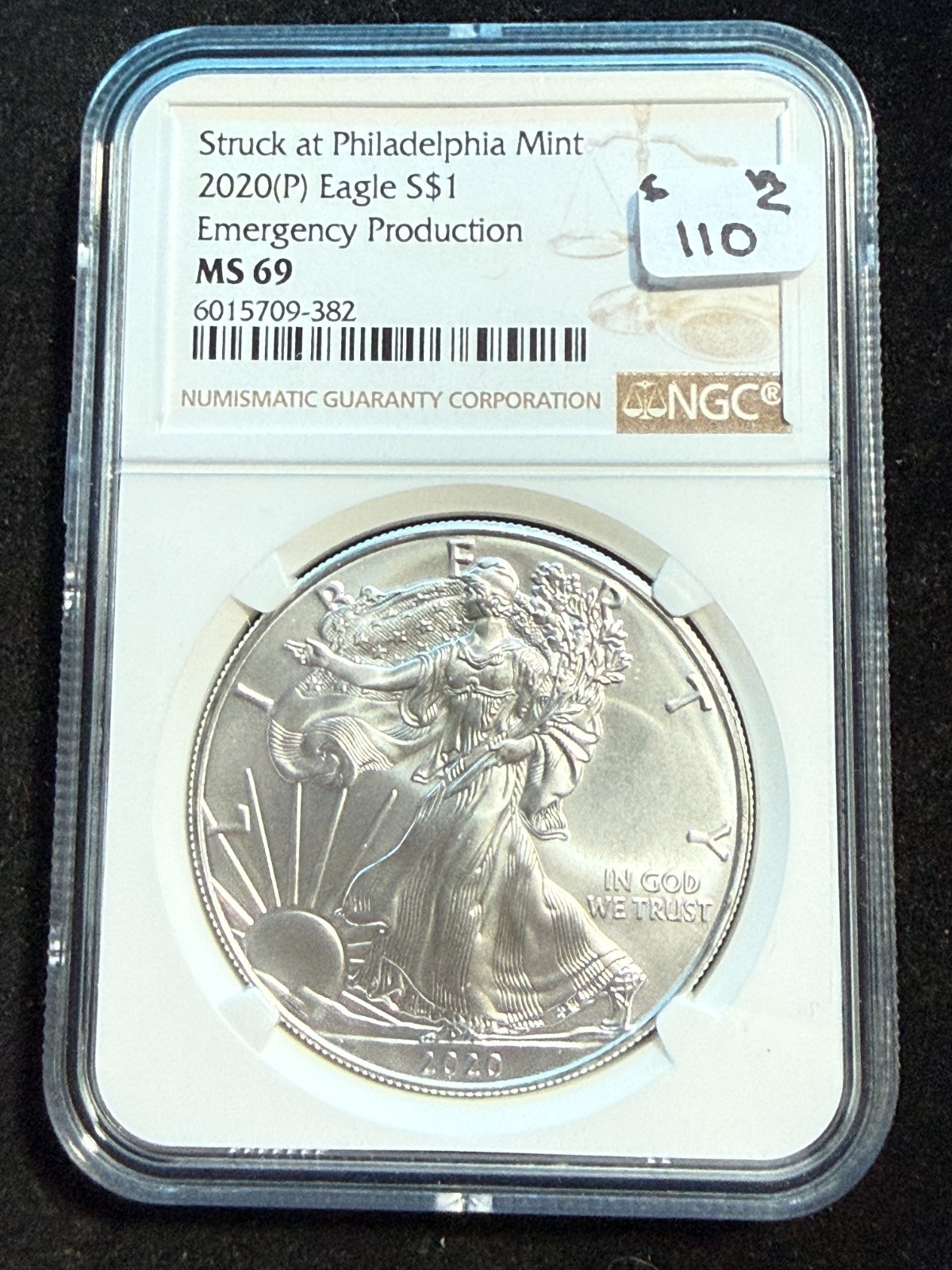 2020 (P) AMERICAN SILVER EAGLE EMERGENCY PRODUCTION NGC MS 69 382
