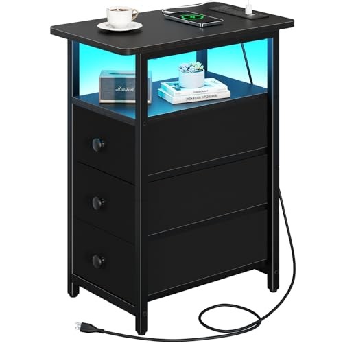  End Table with Charging Station, LED Narrow Side Table Bedside 3-Drawers Black