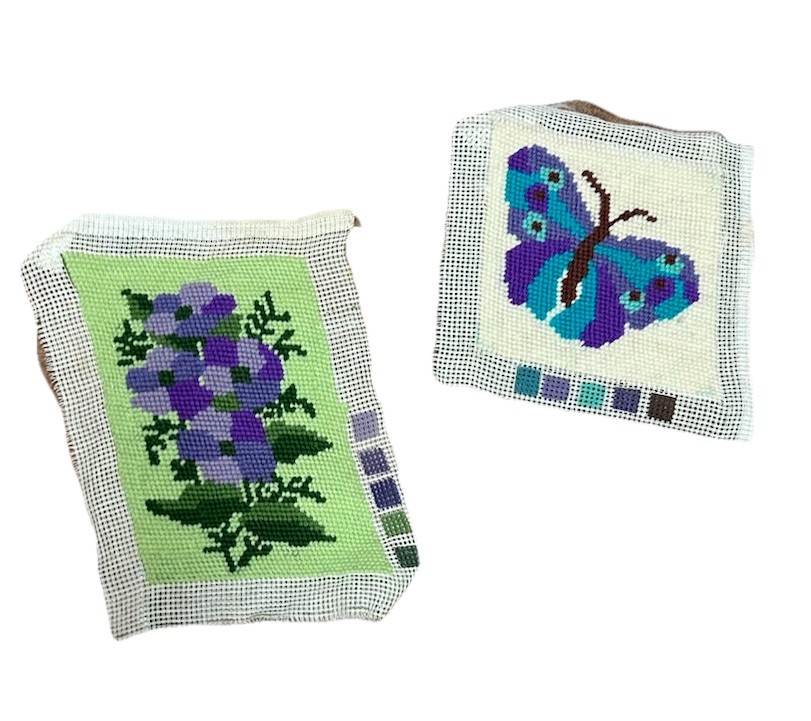 Vintage 70’s Needlepoint Set Of 2 Butterflies Flowers Blue Purple Boho Complete