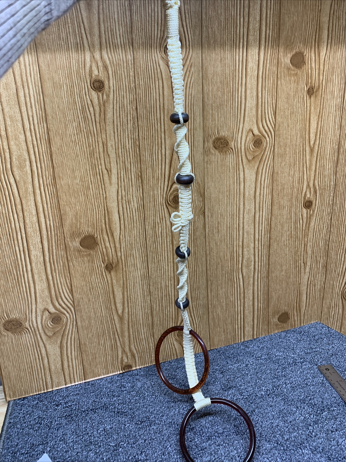 Vintage Macrame Towel Holder Ivory/Brown 33”l 4.5”ring Boho Minimal Hippie