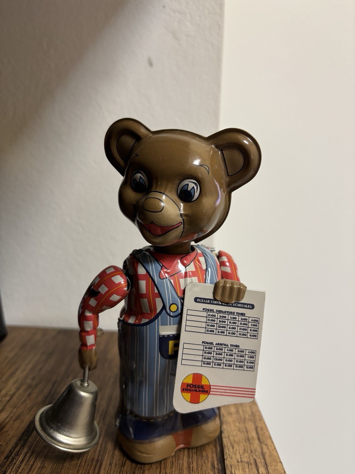 Vintage Fossil Tin Wind-Up Bear Toy with Bell