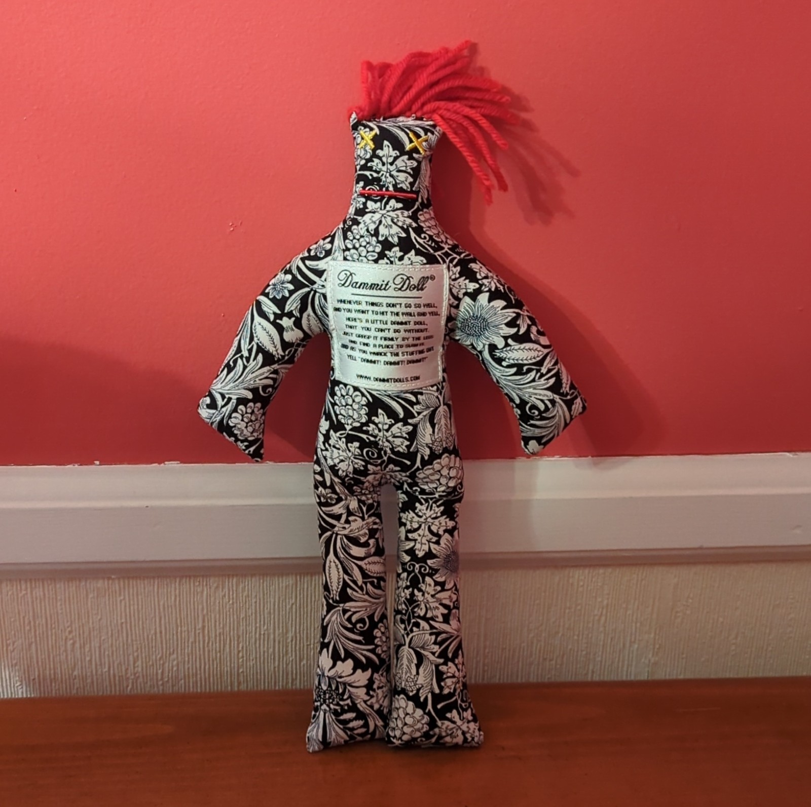 Dammit Doll Black White Floral Pattern Play Doll with Red Yarn Hair