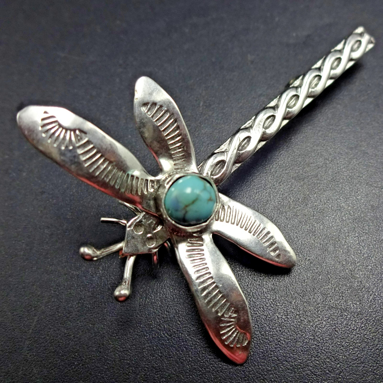 LUCKY Sterling Silver DRAGONFLY PIN/BROOCH with TURQUOISE Cabochon