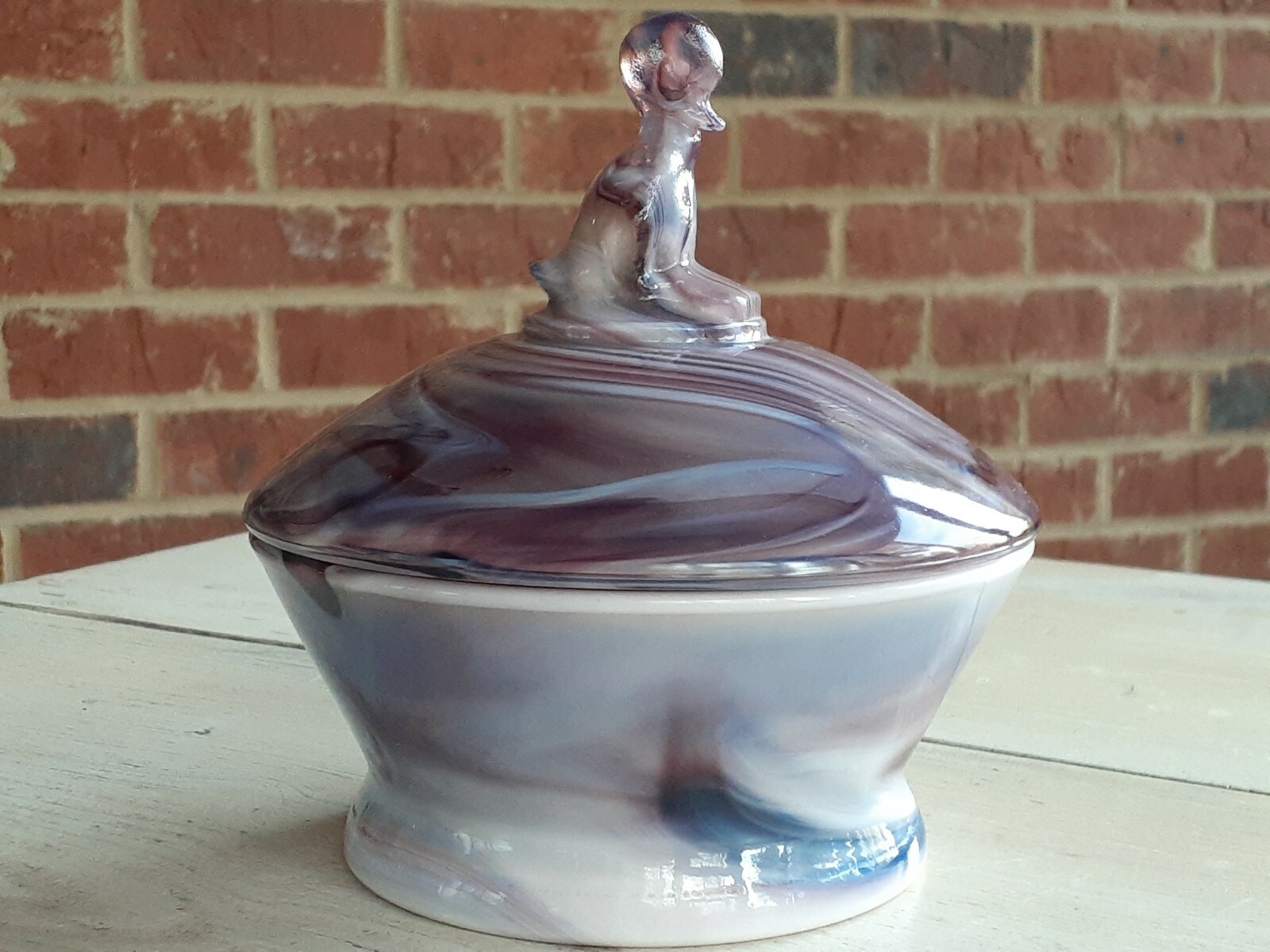 Antique IMPERIAL Glass PURPLE Swirl SLAG Glass COVERED CANDY Dish w DUCK Finial 