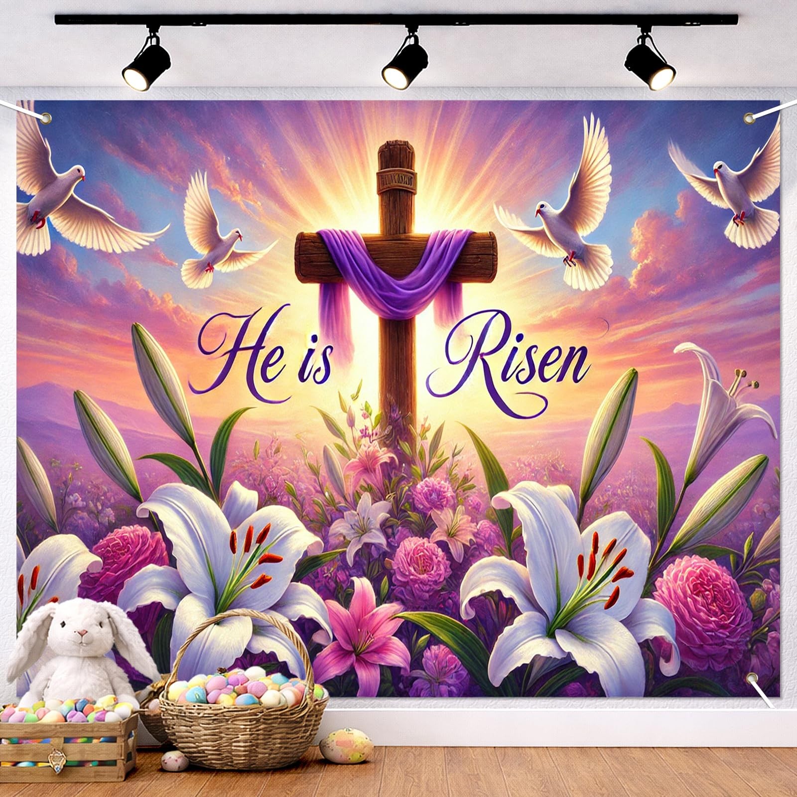 Easter Christian Backdrop He Is Risen Cross Lily Flower Scene Spring Religious C