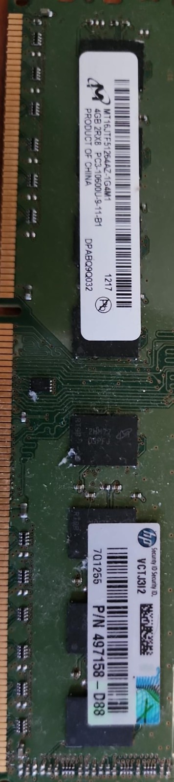 HP Micron 4GB 2RX8 RAM PC3-10600U P/N:497158-D88 MT16JTF51264AZ-1G4M1