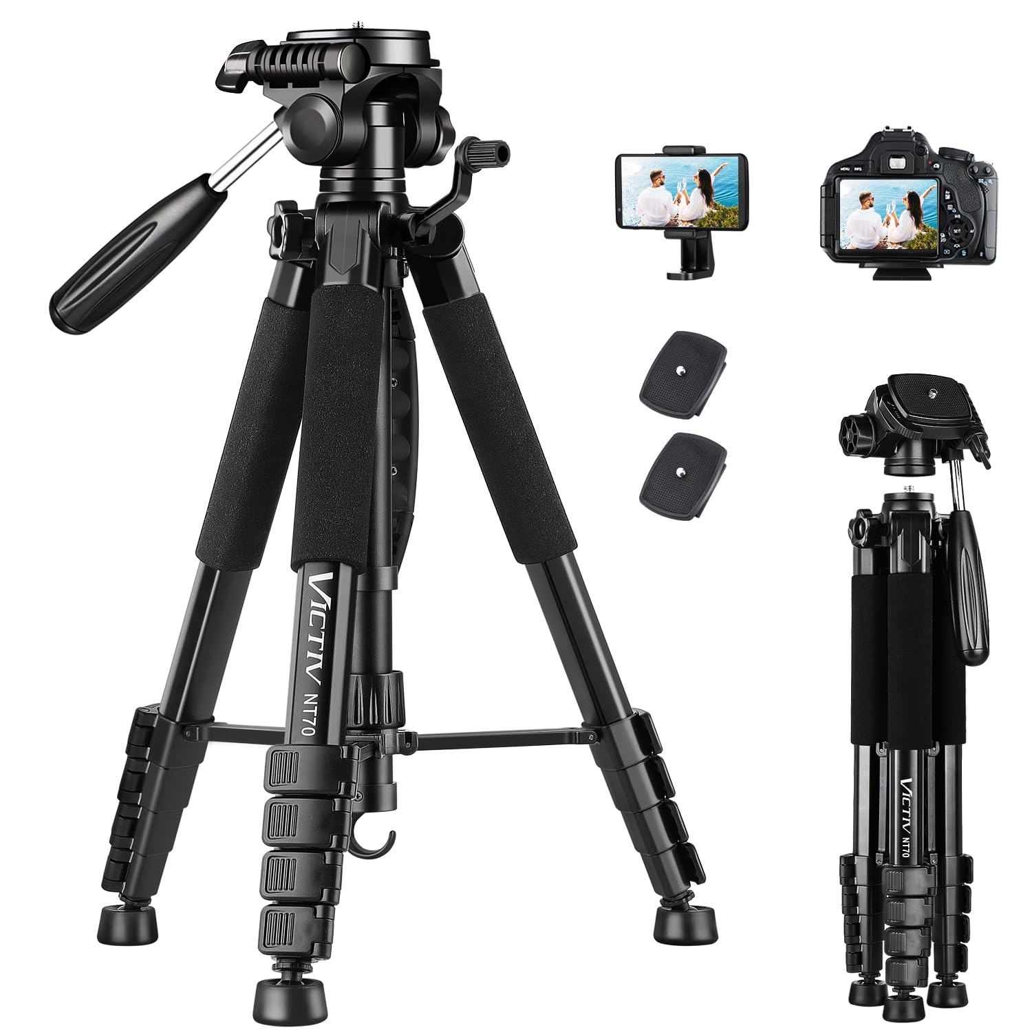 74” Camera Tripod, Tripod for Camera and Phone, Aluminum Professional Tripod ...