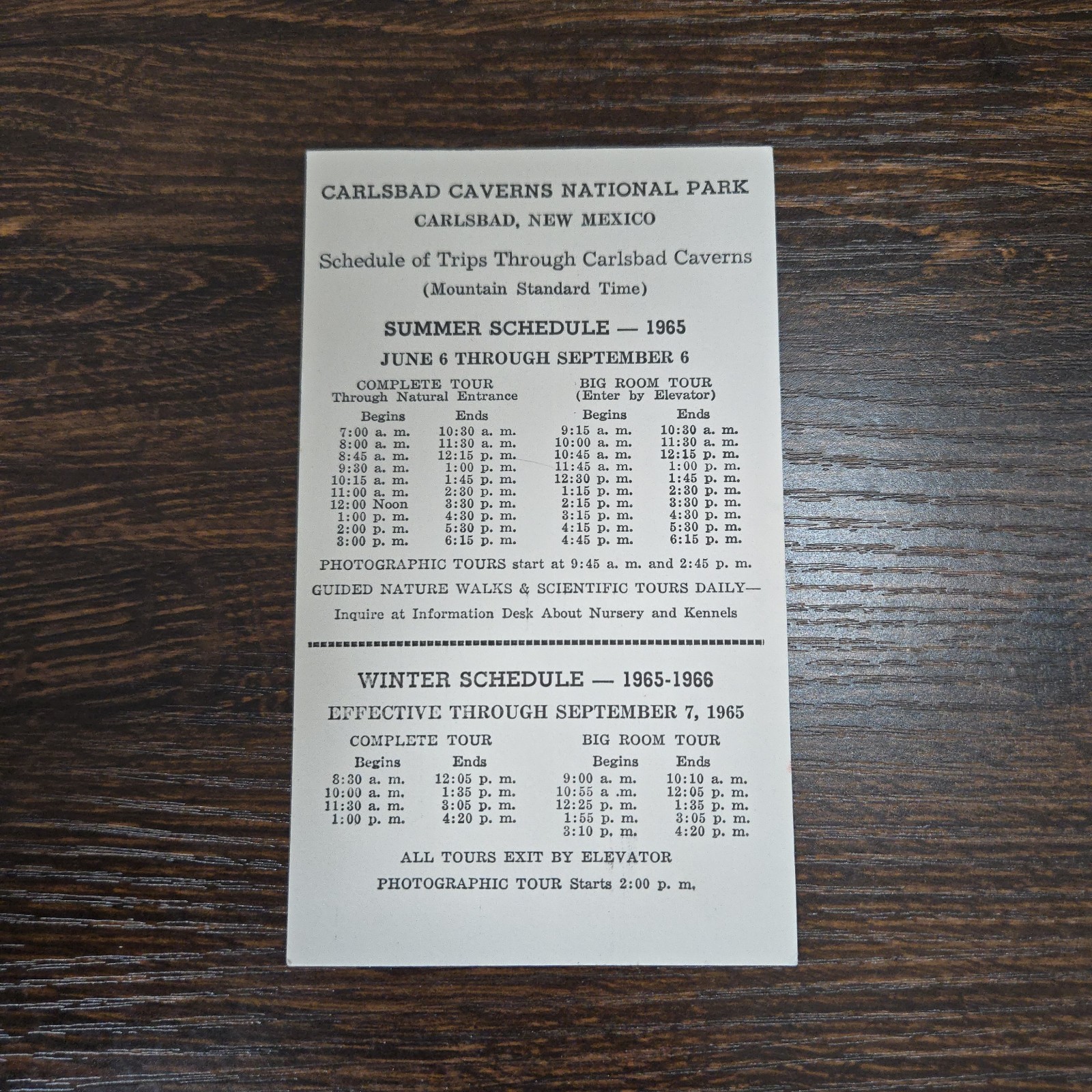 Carlsbad Caverns National Park Summer Winter Schedule 1965 - 1966 Ephemera