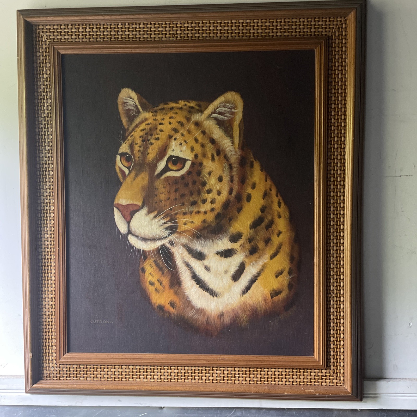 Framed Vintage Leopard Original Oil Painting, Signed: Cutrona  31x28” 1982
