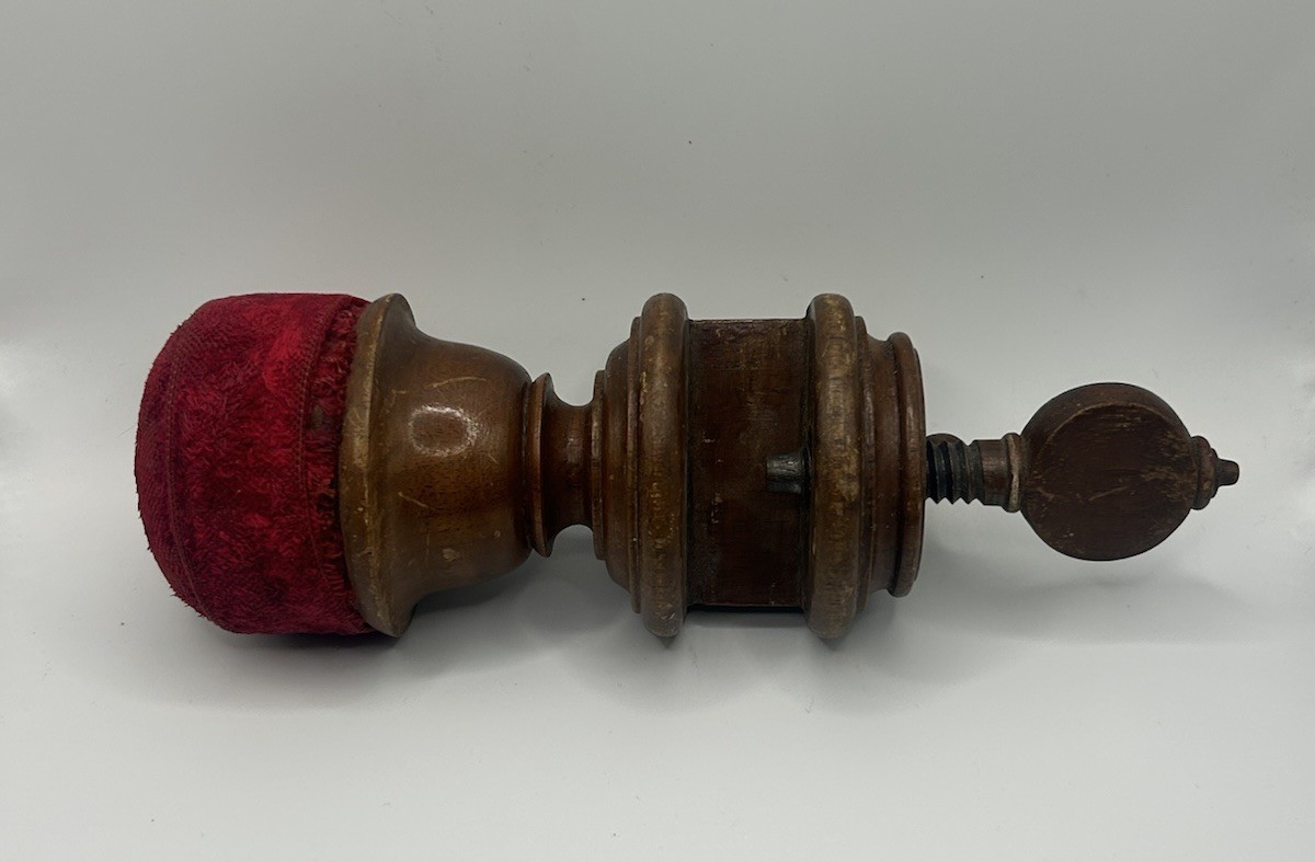 ANTIQUE Victorian Wood Sewing PIN CUSHION Clamp RED VELVET