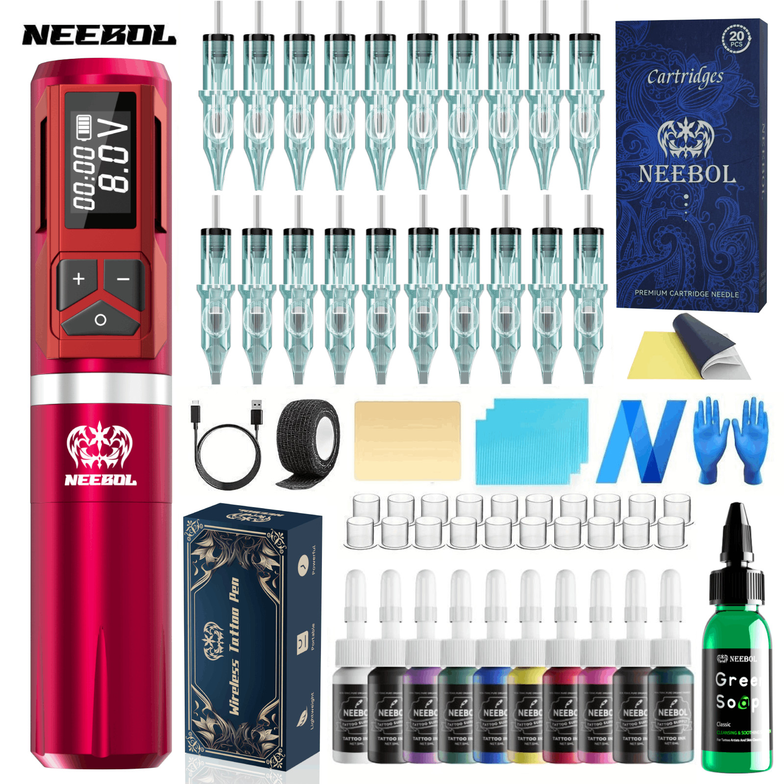 Wireless Tattoo Gun Kit Complete Rotary Pen Machine With Power Supply Ink Needle