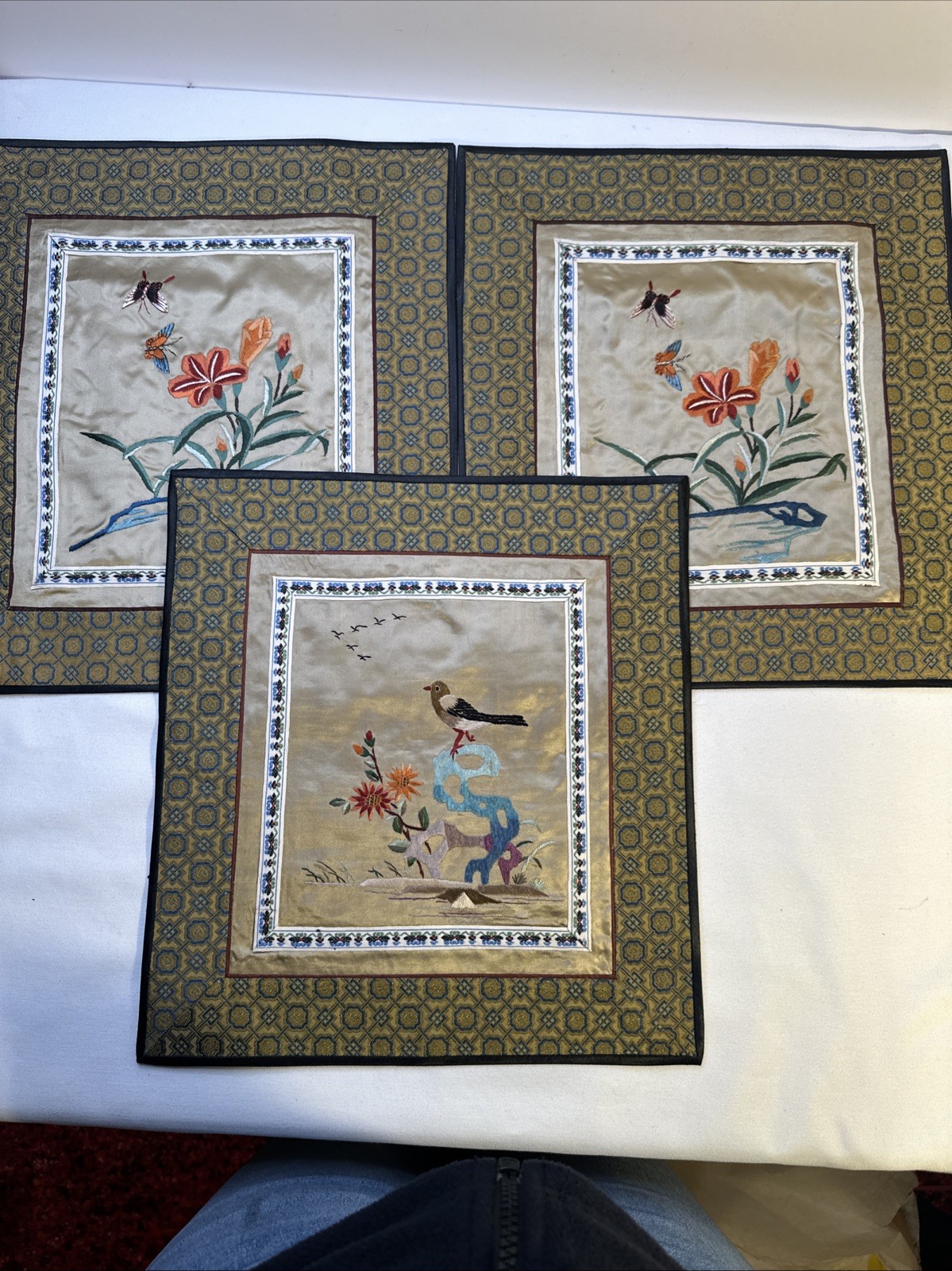 Lot 3 Vintage Chinese Silk Embroidery Panels Birds Butterfly Flowers Pre-owned