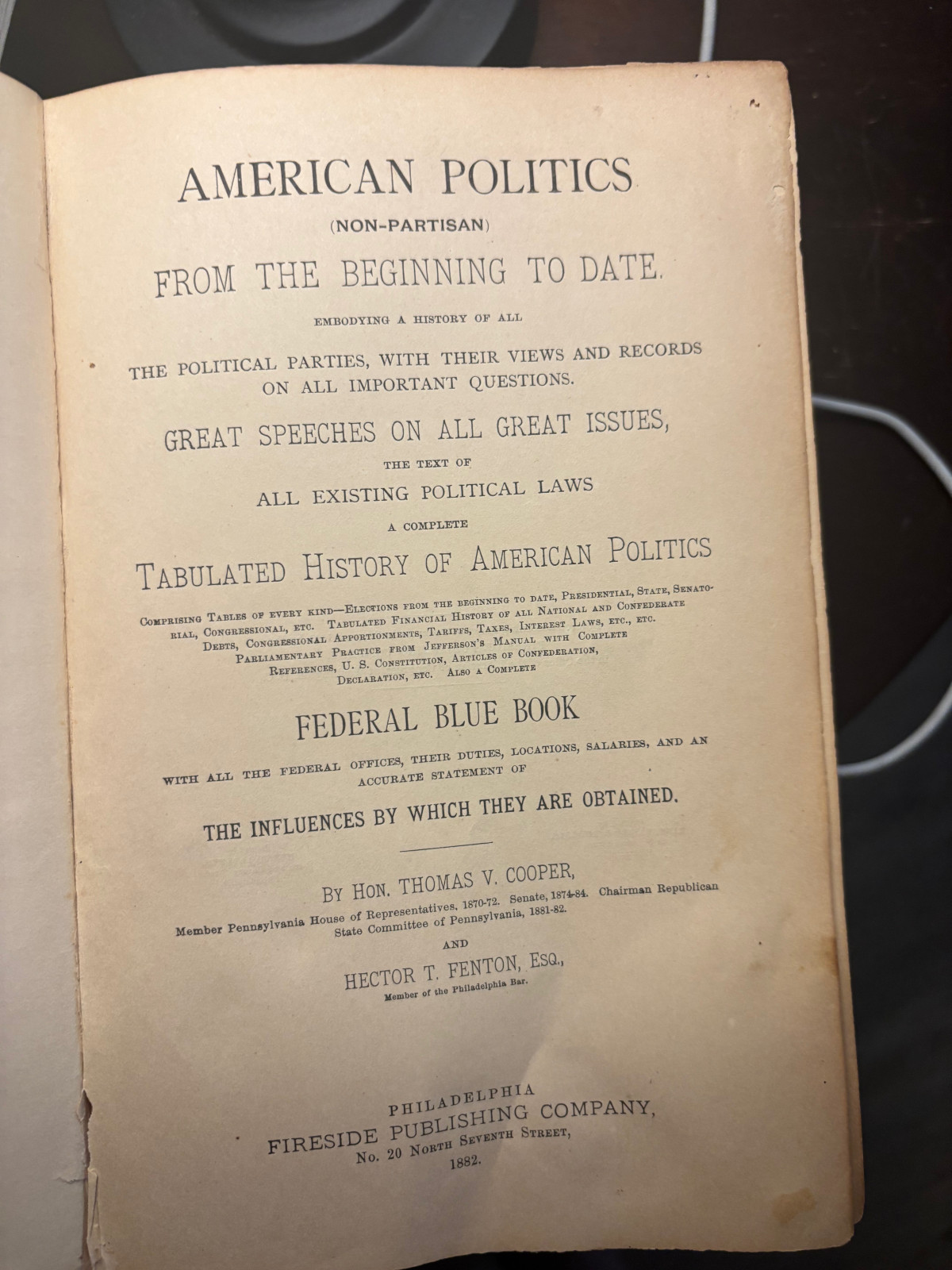 RARE - American Politics from Beginning to Date - COOPER - FENTON - 1882 1st ED.