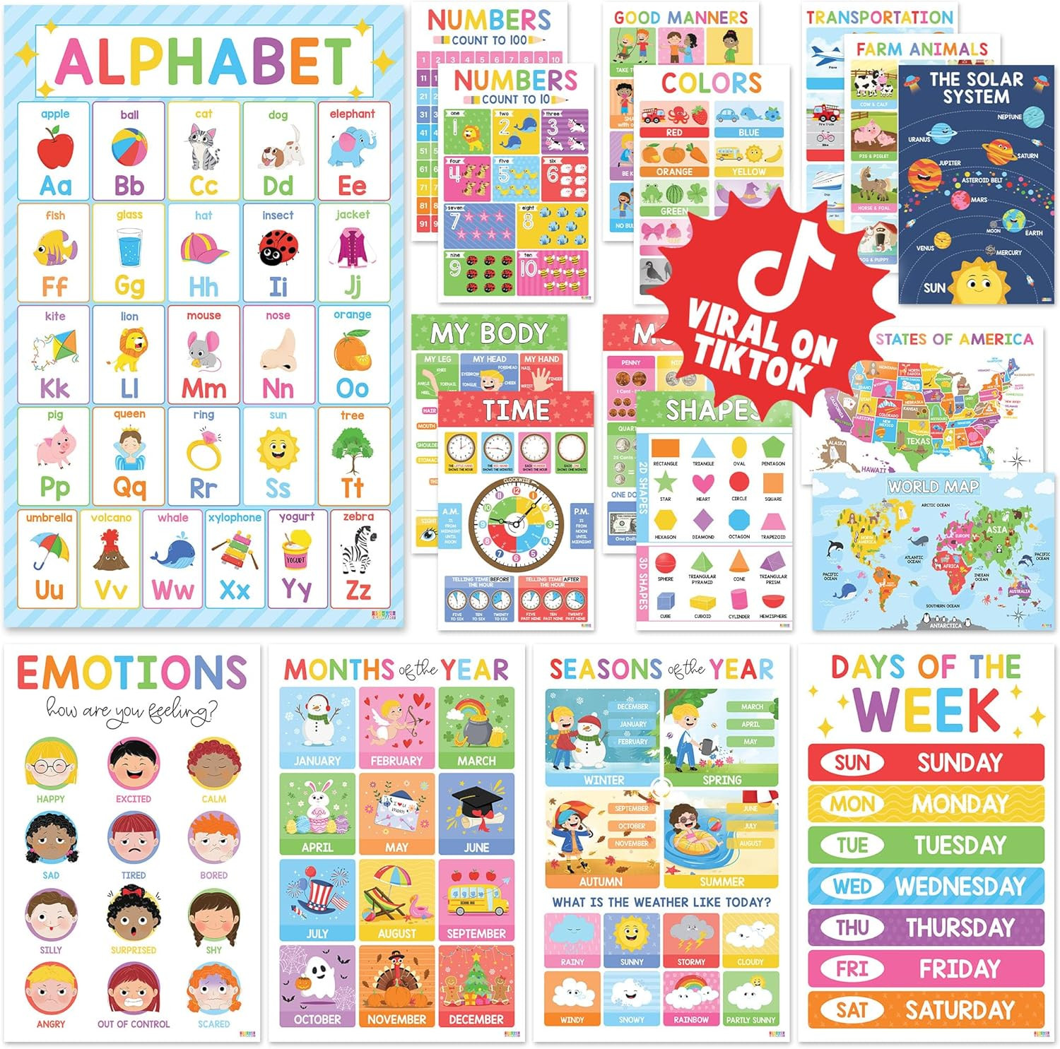 BEAWART 18 Laminated Educational Posters for Toddlers, Preschool Posters for Cla