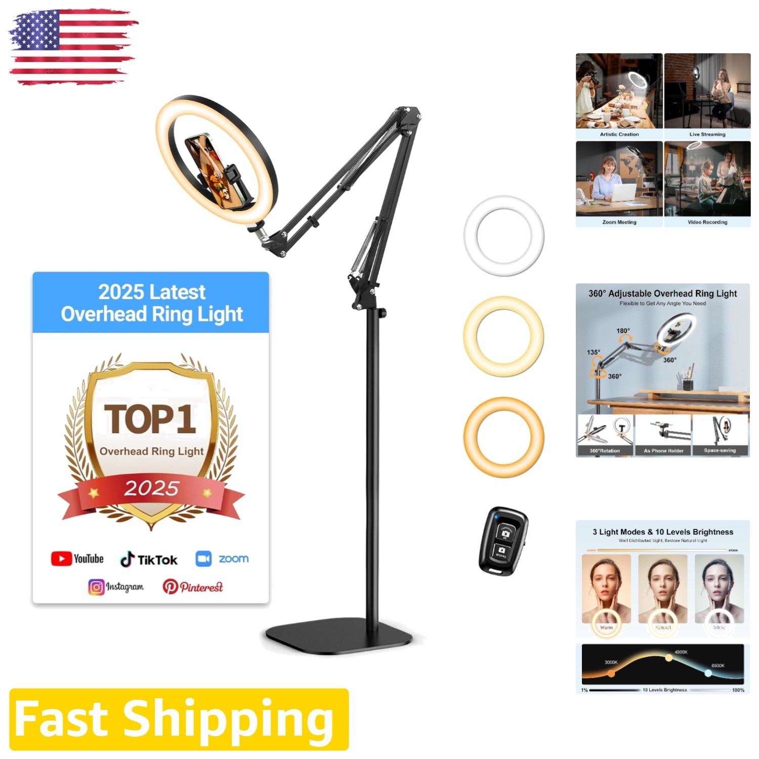 Durable 70.8" Ring Light Stand, Overhead Phone Holder, Stable Base, USB Powered