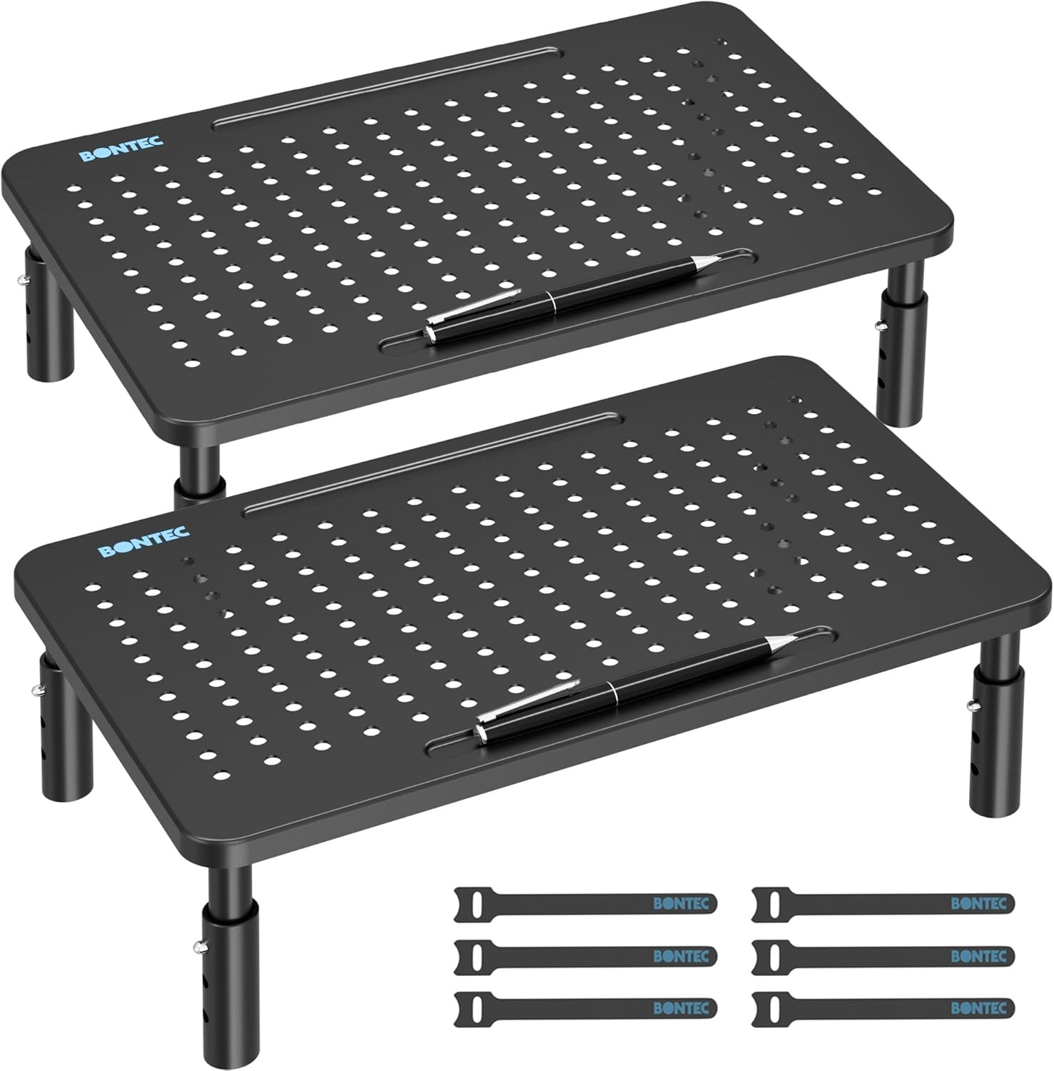 Monitor Stand 2 Pack Height Adjustable Metal Riser with Pen Holder, Black, 14.5”
