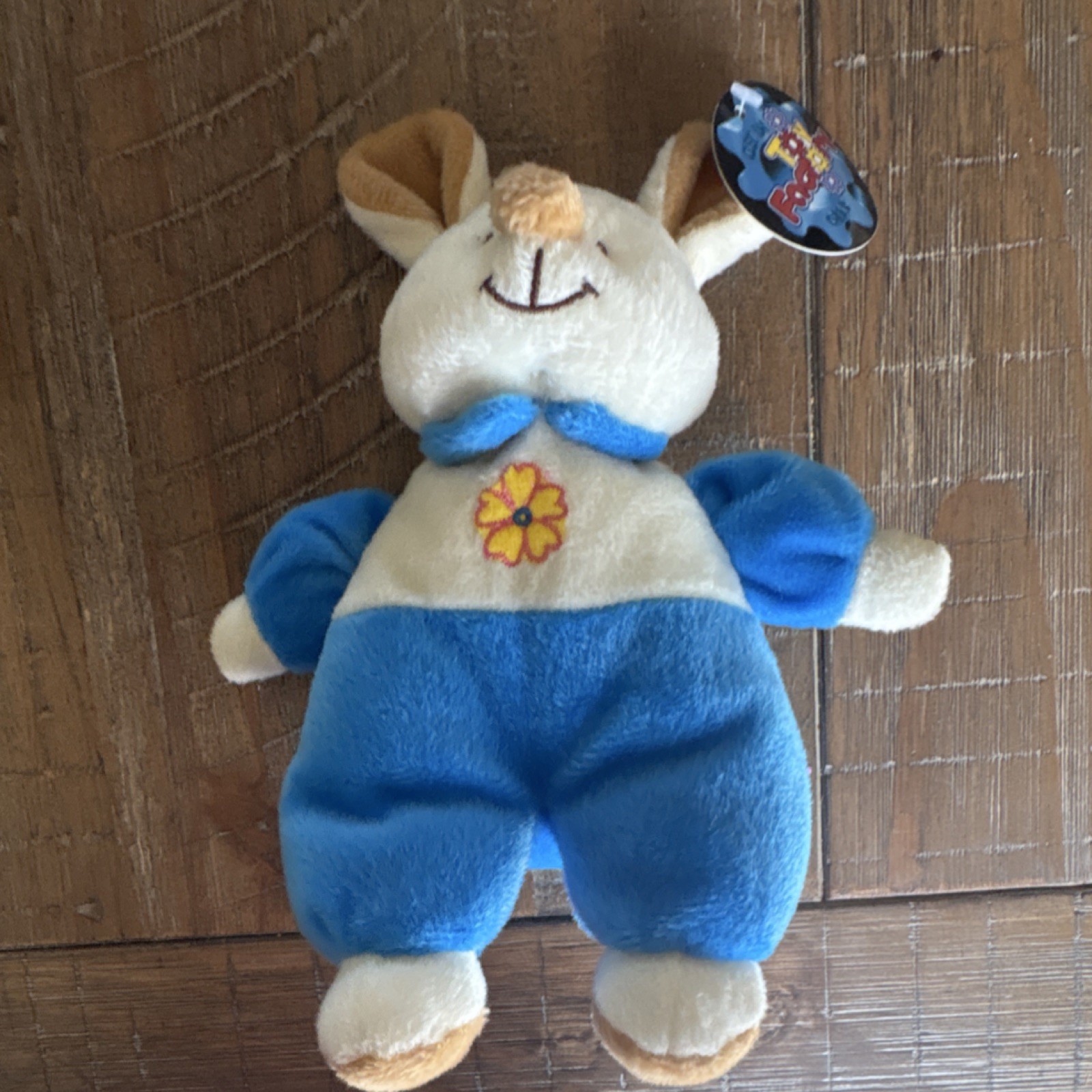 Toy Factory Rabbit Plush Stuffed Animal Blue White with Flower Embroidery