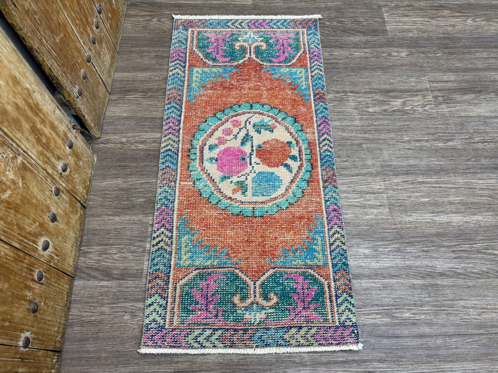 2x4 Vintage Turkish Rug in Coral & Turquoise Hand-Knotted Wool Small Area Rug