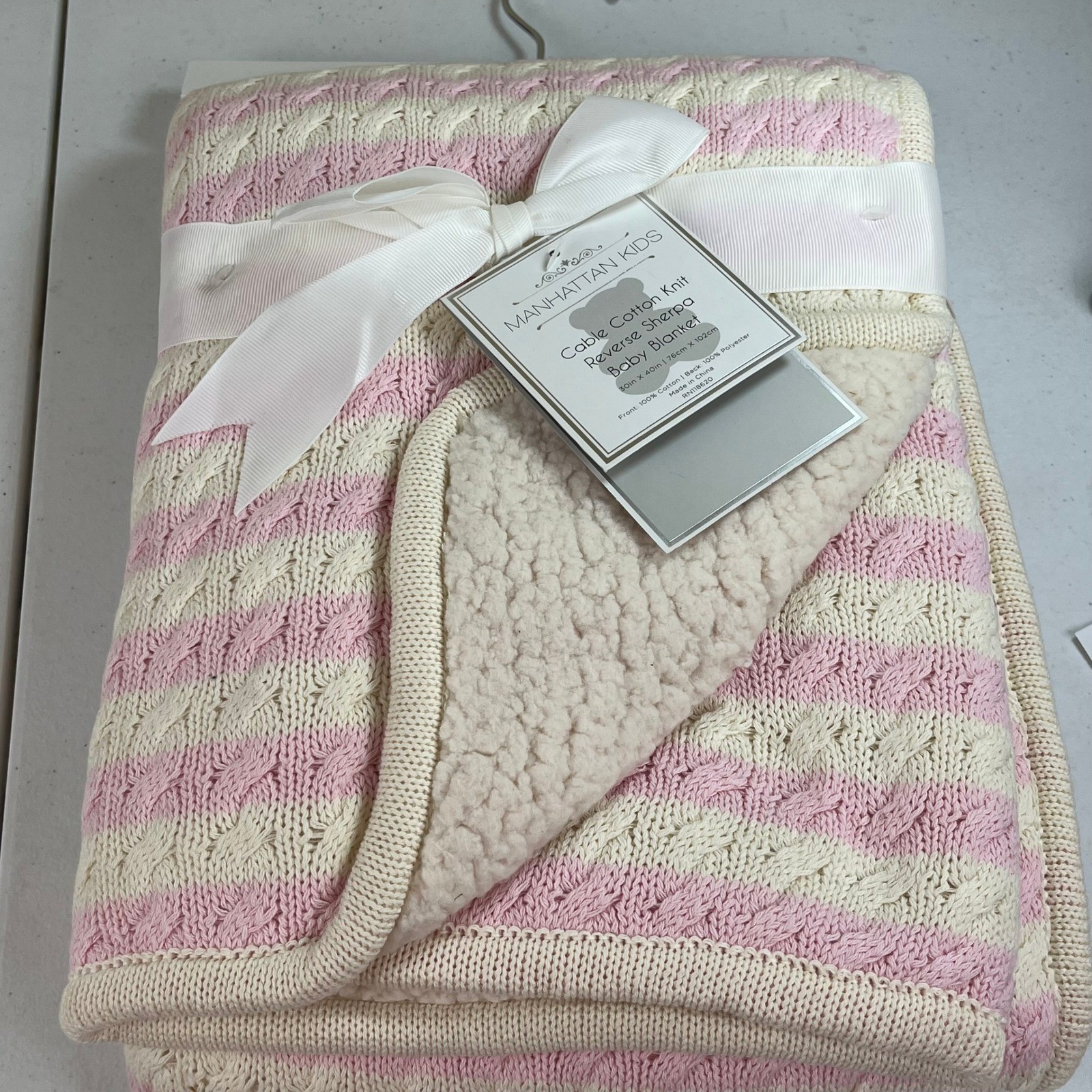 Manhattan Kid Cable Knit Sherpa Baby Blanket 30x40 Pink White Cotton Gift Stripe