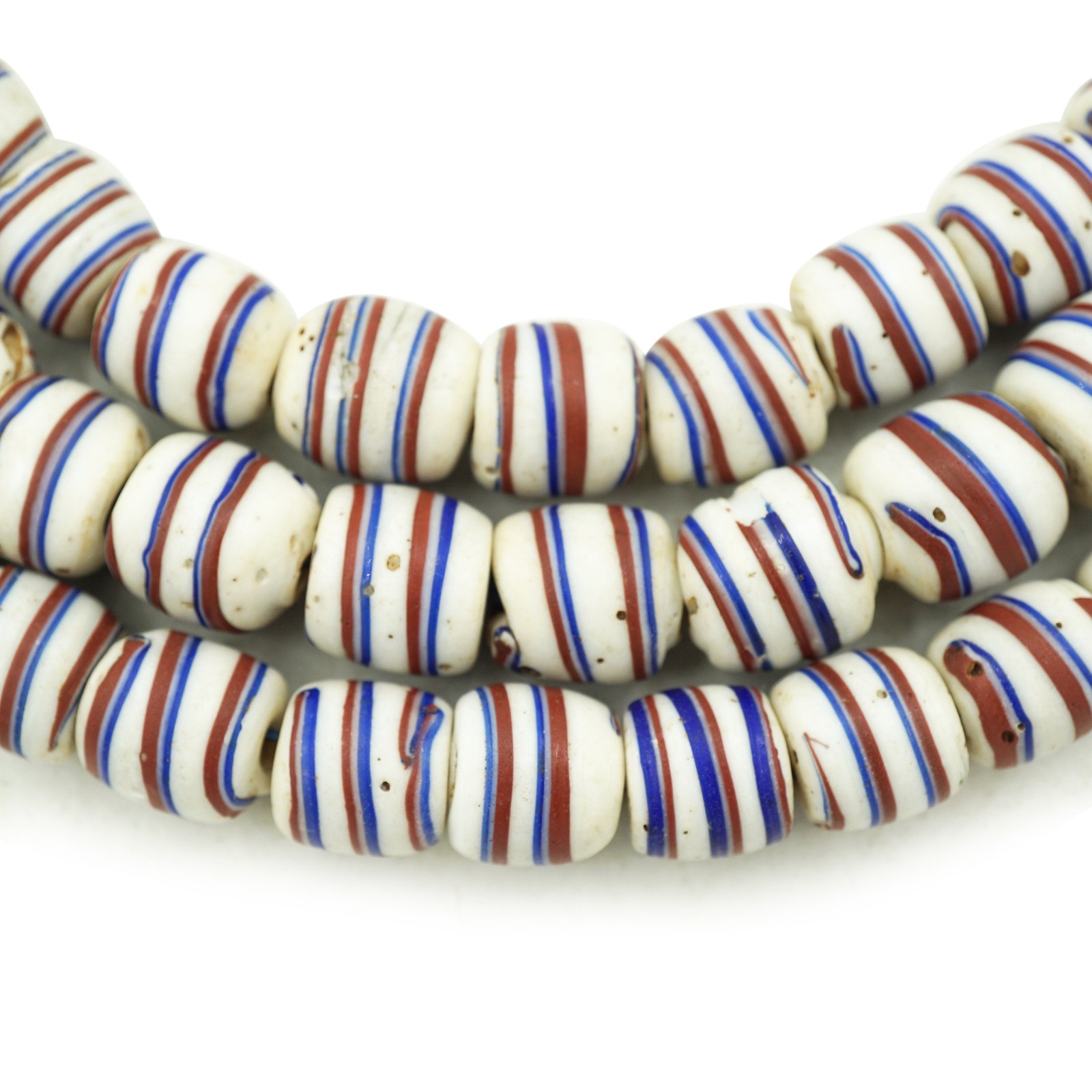 Antique Striped Venetian White Beads (10mm) Long 36" Strand (1737F568) African