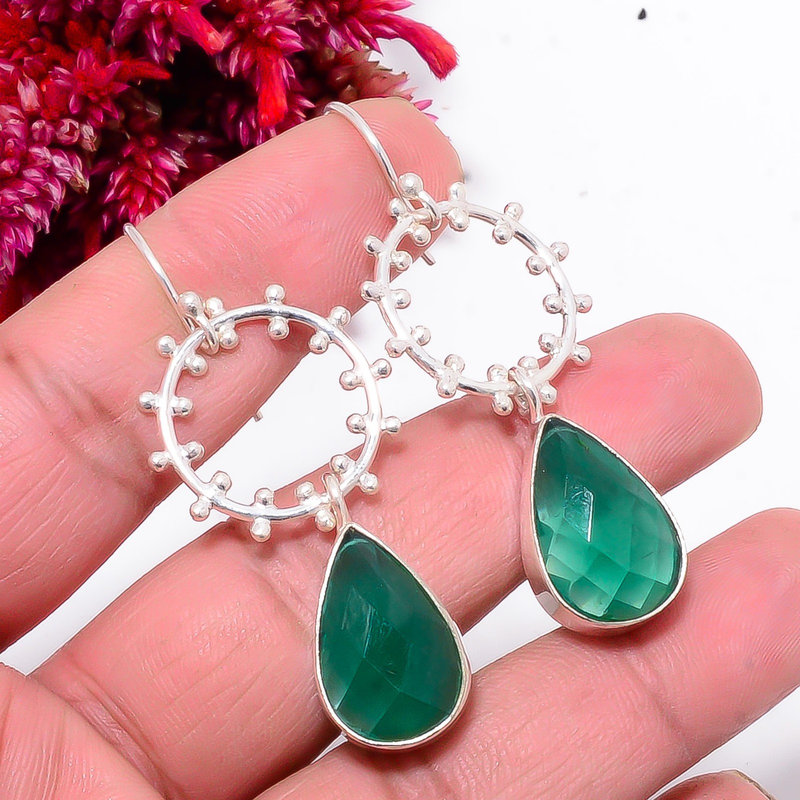 Emerald - Simulated Designer Handmade 925 Sterling Silver Earring 2.15" Sku48