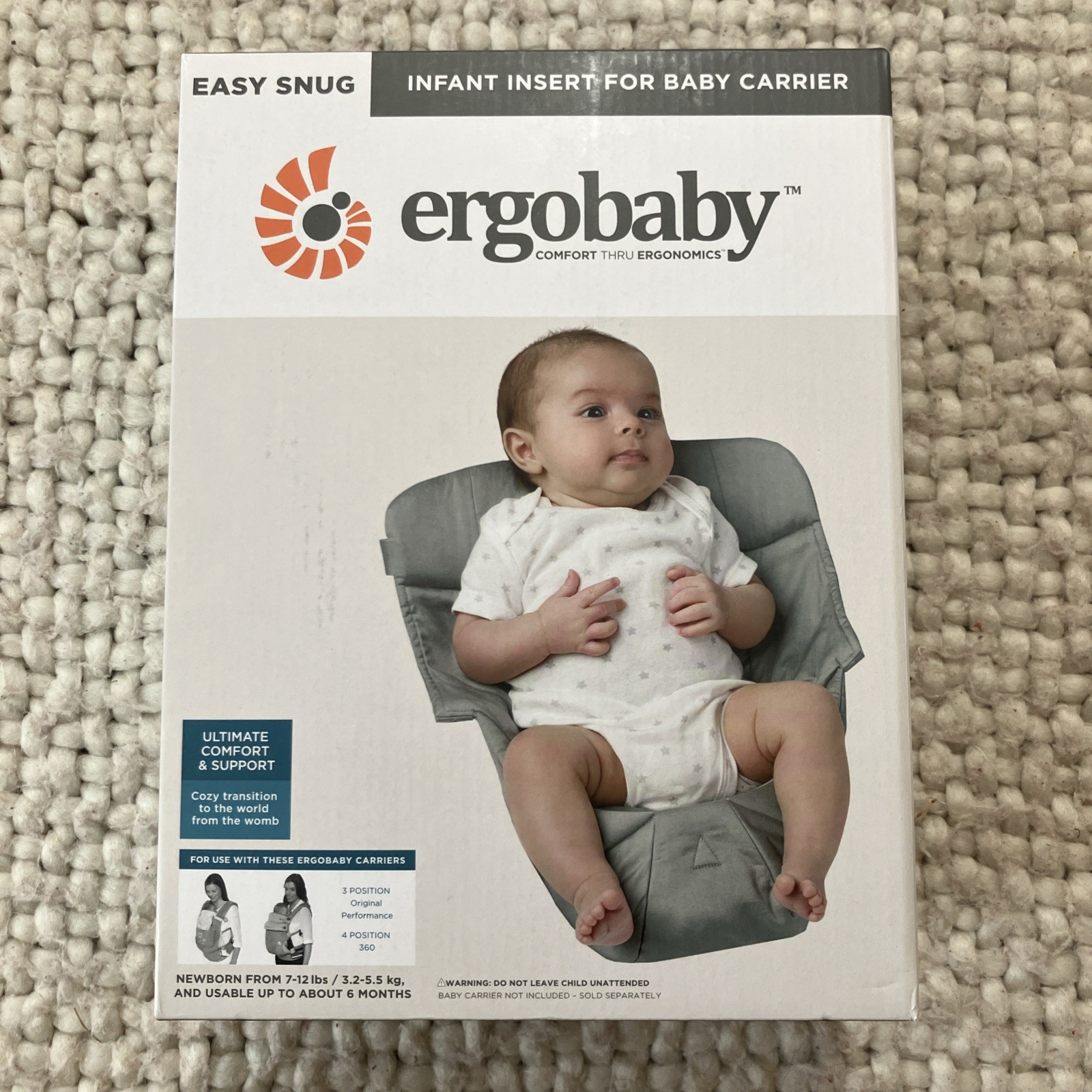 New In Box Ergobaby Infant Insert for Baby Carrier Grey