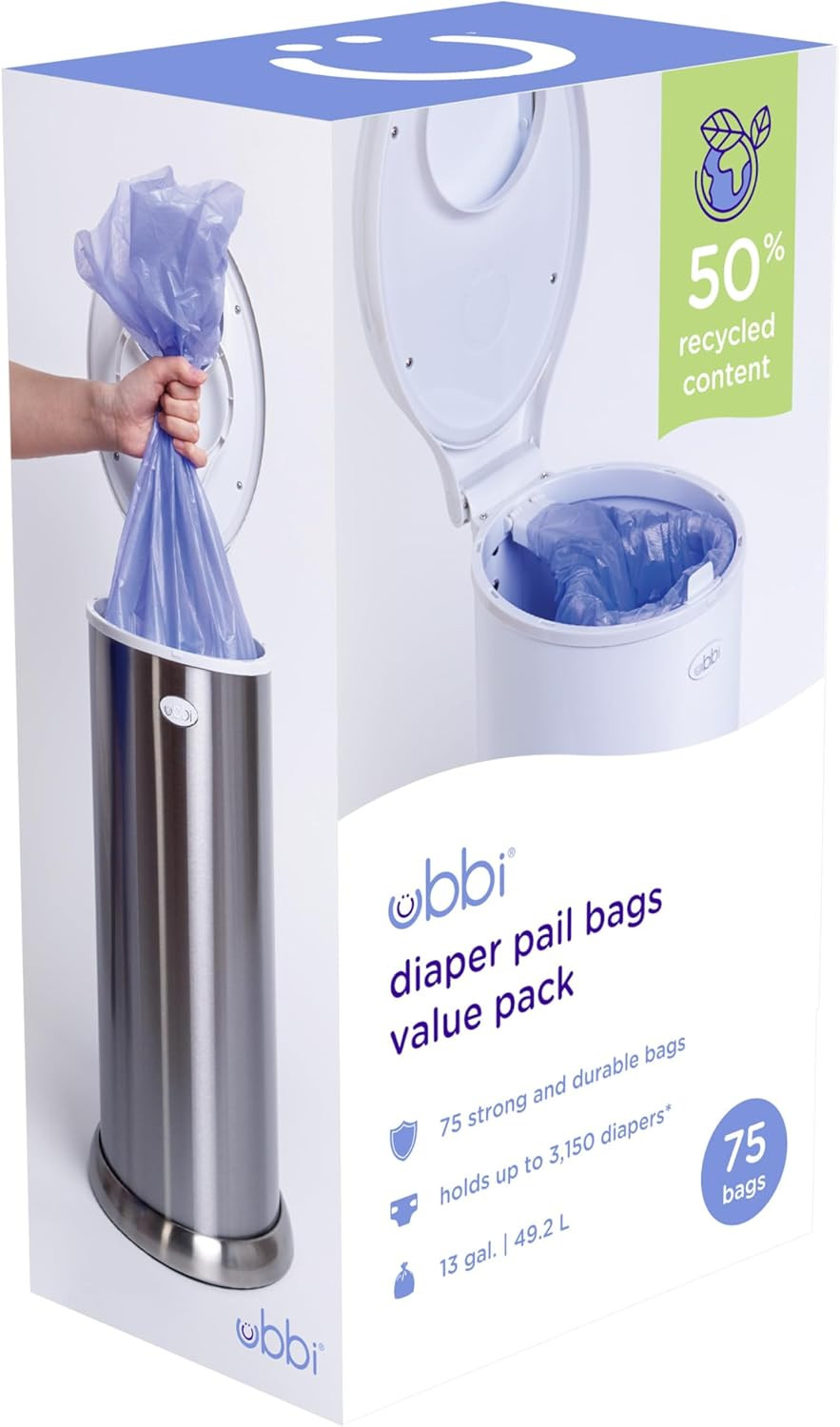 Diaper Pail Plastic Bags, Disposable Baby Waste Bags, 3 Pack, 75 Count, 13-Gallo
