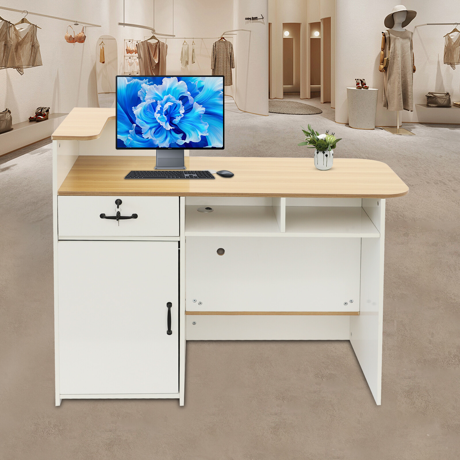 Modern Minimalist Reception Desk with Open Shelves and Locking Drawer 47.2in